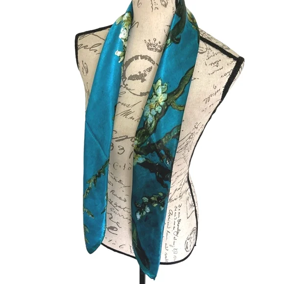 💖 Oversized boho satin blue Floral print print hair neck scarf whimsical - Picture 11 of 15